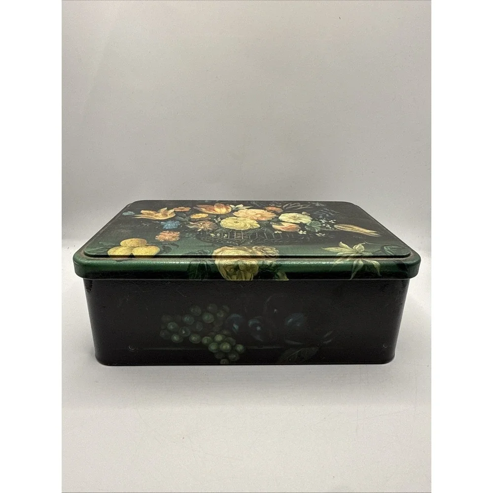 Massilly France Decorative Collectible Tin w/Hinged Lid Black w/Flowers & Fruit‎